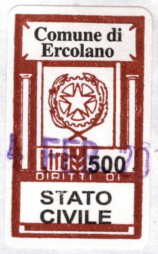 Marca da Bollo del Comune di ERCOLANO (RESINA) su Carta Bianca di dimensioni 16 x 24 mm