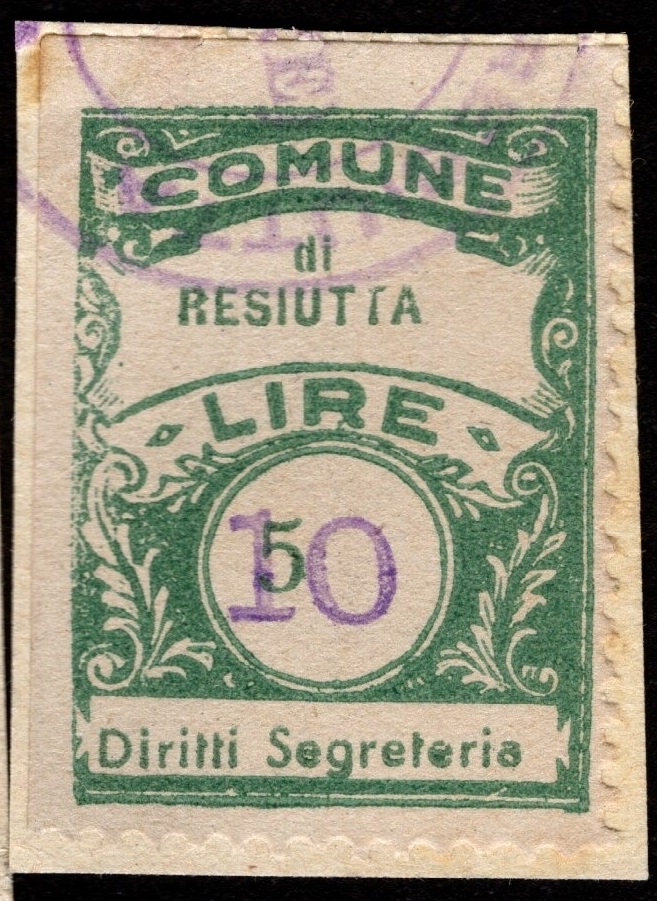 Marca da Bollo del Comune di RESIUTTA su Carta Bianca di dimensioni 21 x 29 mm