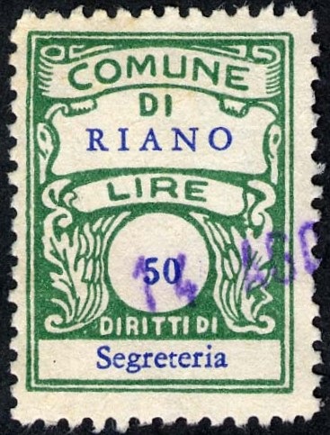 Marca da Bollo del Comune di RIANO su Carta Bianca di dimensioni 20 x 27 mm