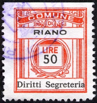 Marca da Bollo del Comune di RIANO su Carta Bianca di dimensioni 21 x 24,5 mm