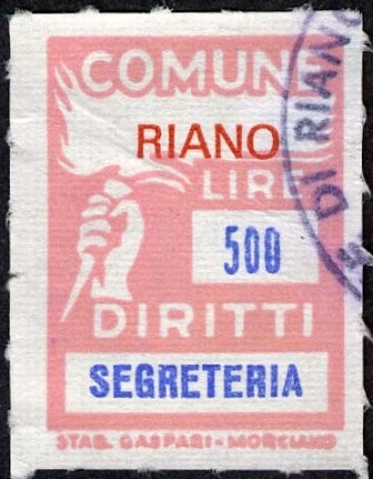 Marca da Bollo del Comune di RIANO su di dimensioni 18,5 x 26 mm
