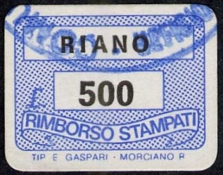 Marca da Bollo del Comune di RIANO su Carta Bianca di dimensioni 19 x 14 mm