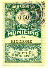 Marca da Bollo del Comune di RICCIONE su Carta Bianca Sottile di dimensioni 28 x 43,5 mm