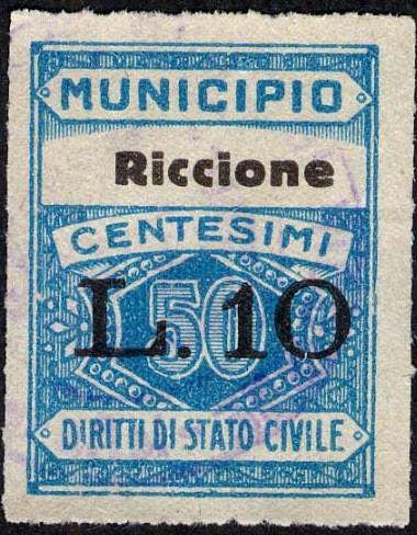 Marca da Bollo del Comune di RICCIONE su Carta Bianca Sottile di dimensioni 22,5 x 28,5 mm