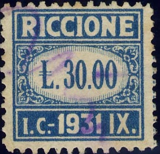 Marca da Bollo del Comune di RICCIONE su Carta Bianca Sottile di dimensioni 19 x 18,5 mm
