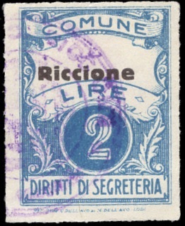 Marca da Bollo del Comune di RICCIONE su Carta Bianca Sottile di dimensioni 22,5 x 30 mm