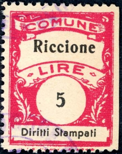 Marca da Bollo del Comune di RICCIONE su Carta Bianca Sottile di dimensioni 22 x 29 mm