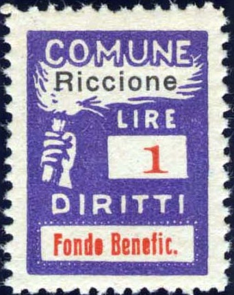 Marca da Bollo del Comune di RICCIONE su Carta Bianca di dimensioni 18,5 x 25 mm