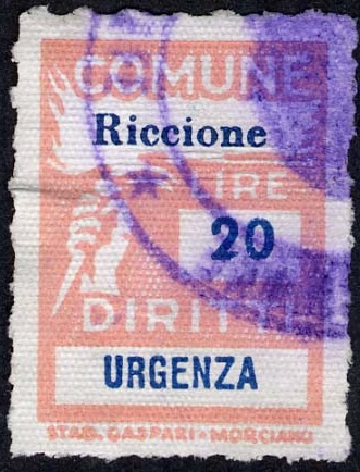 Marca da Bollo del Comune di RICCIONE su Carta Bianca di dimensioni 18,5 x 26 mm