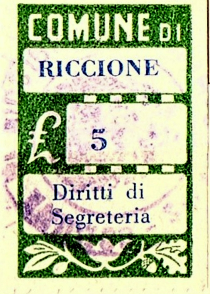 Marca da Bollo del Comune di RICCIONE su Carta Bianca Sottile di dimensioni 21 x 34 mm