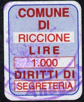Marca da Bollo del Comune di RICCIONE su Carta Bianca di dimensioni 16 x 21 mm