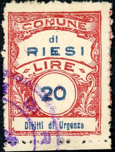 Marca da Bollo del Comune di RIESI su Carta Bianca di dimensioni 22,5 x 29 mm