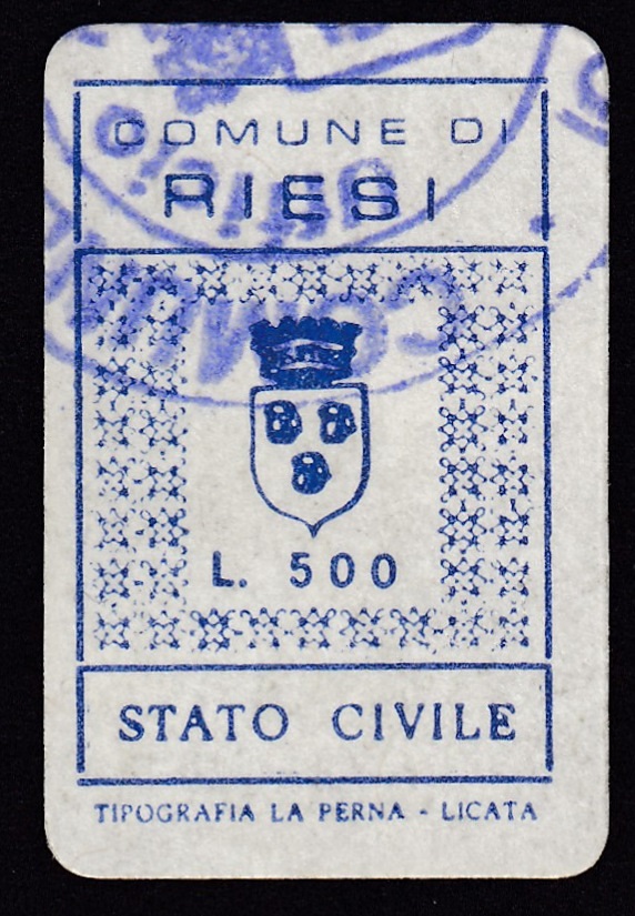 Marca da Bollo del Comune di RIESI su Carta Bianca di dimensioni 17,5 x 27,5 mm