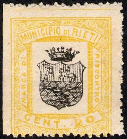 Marca da Bollo del Comune di RIETI su Carta Bianca di dimensioni 23 x 28 mm
