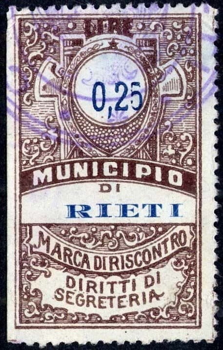 Marca da Bollo del Comune di RIETI su Carta Bianca di dimensioni 25 x 43 mm