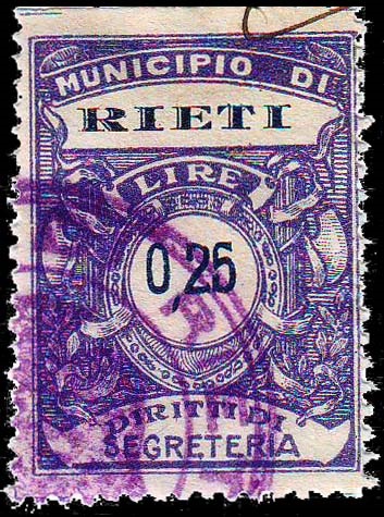 Marca da Bollo del Comune di RIETI su Carta Bianca di dimensioni 25,5 x 34,5 mm