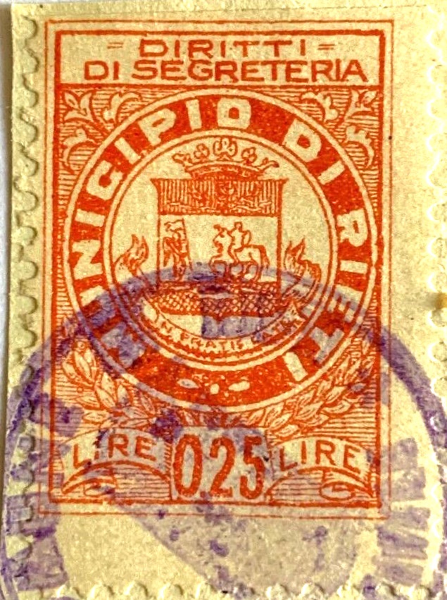 Marca da Bollo del Comune di RIETI su Carta Bianca di dimensioni 22 x 27 mm