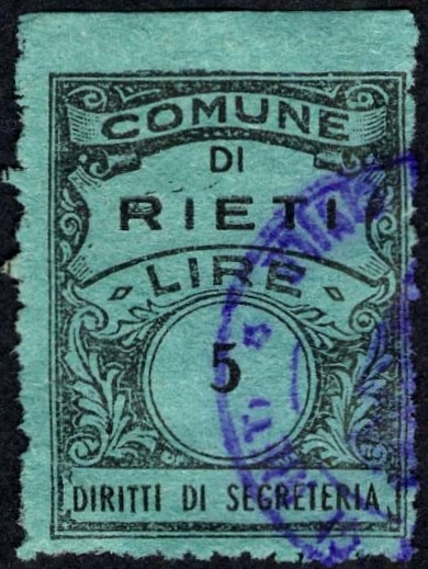 Marca da Bollo del Comune di RIETI su Carta Colorata di dimensioni 22 x 29 mm