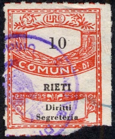 Marca da Bollo del Comune di RIETI su Carta Bianca di dimensioni 22 x 28 mm