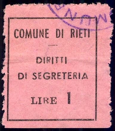 Marca da Bollo del Comune di RIETI su Carta Bianca di dimensioni 22 x 24 mm