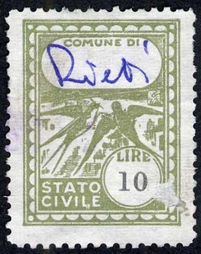 Marca da Bollo del Comune di RIETI su Carta Bianca di dimensioni 22 x 29 mm