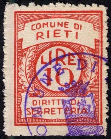 Marca da Bollo del Comune di RIETI su Carta Bianca Sottile di dimensioni mm