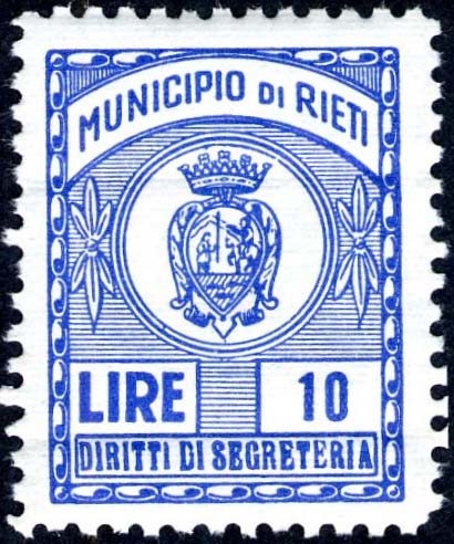 Marca da Bollo del Comune di RIETI su Carta Bianca di dimensioni 22 x 28,5 mm