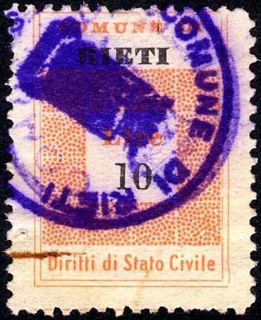 Marca da Bollo del Comune di RIETI su Carta Bianca Sottile di dimensioni 19,5 x 28,5 mm