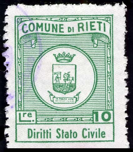 Marca da Bollo del Comune di RIETI su Carta Bianca di dimensioni 21 x 28 mm