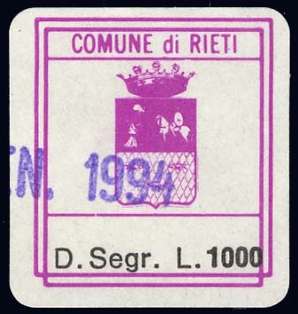 Marca da Bollo del Comune di RIETI su Carta Bianca di dimensioni 20 x 20 mm
