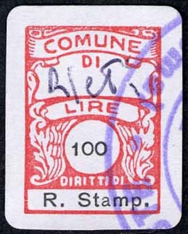Marca da Bollo del Comune di RIETI su Carta Bianca di dimensioni 13,5 x 20 mm