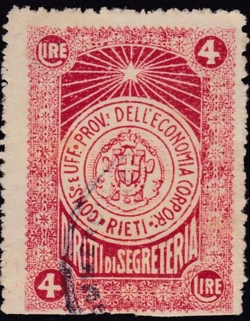 Marca da Bollo del Comune di RIETI su Carta Bianca Sottile di dimensioni 22 x 34 mm