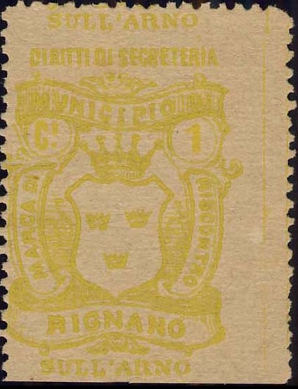Marca da Bollo del Comune di RIGNANO SULL´ARNO su Carta Bianca di dimensioni 24 x 34 mm