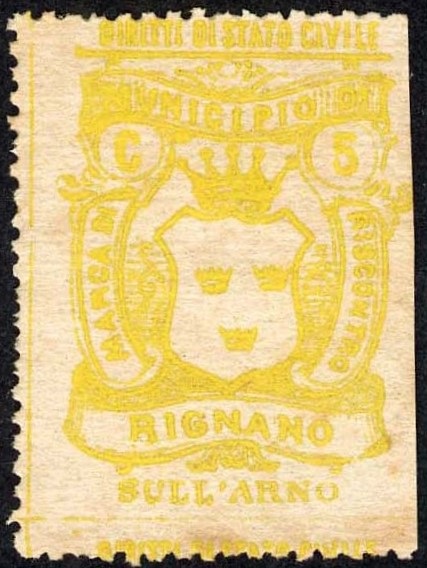 Marca da Bollo del Comune di RIGNANO SULL´ARNO su Carta Bianca di dimensioni 24 x 34 mm