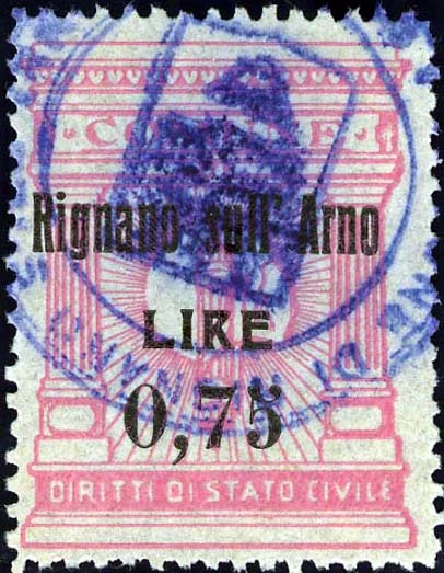 Marca da Bollo del Comune di RIGNANO SULL´ARNO su Carta Bianca di dimensioni 23 x 32 mm
