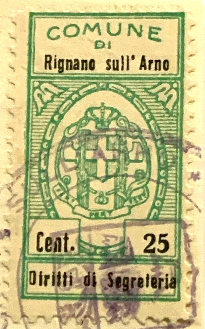 Marca da Bollo del Comune di RIGNANO SULL´ARNO su Carta Bianca di dimensioni 23 x 43 mm