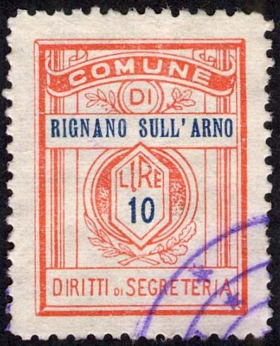 Marca da Bollo del Comune di RIGNANO SULL´ARNO su Carta Bianca Sottile di dimensioni 21 x 27,5 mm