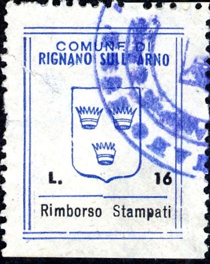 Marca da Bollo del Comune di RIGNANO SULL´ARNO su Carta Bianca di dimensioni mm