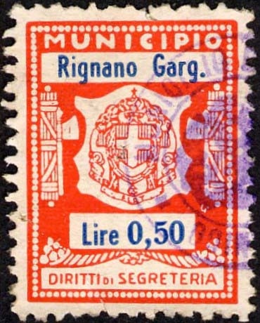 Marca da Bollo del Comune di RIGNANO GARGANICO su Carta Bianca Sottile di dimensioni 20,5 x 28,5 mm