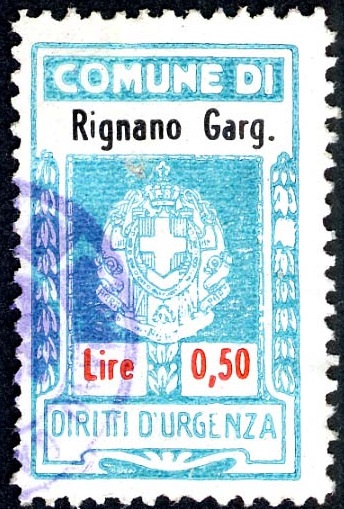 Marca da Bollo del Comune di RIGNANO GARGANICO su Carta Bianca Sottile di dimensioni 19 x 30,5 mm