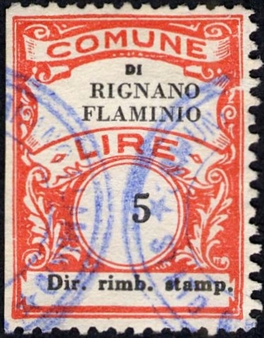 Marca da Bollo del Comune di RIGNANO FLAMINIO su Carta Bianca Sottile di dimensioni 22,5 x 29 mm
