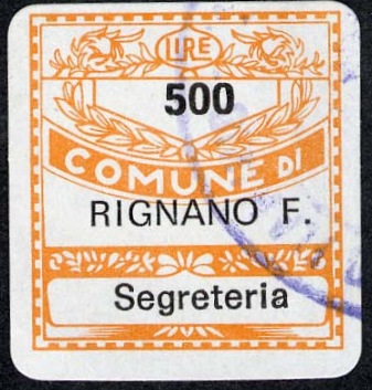 Marca da Bollo del Comune di RIGNANO FLAMINIO su Carta Bianca di dimensioni 19 x 21 mm