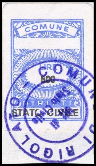 Marca da Bollo del Comune di RIGOLATO su Carta Bianca di dimensioni 17 x 24 mm