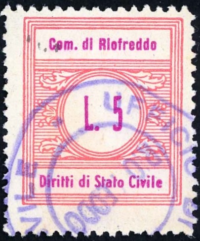 Marca da Bollo del Comune di RIOFREDDO su Carta Bianca di dimensioni 22 x 25,5 mm