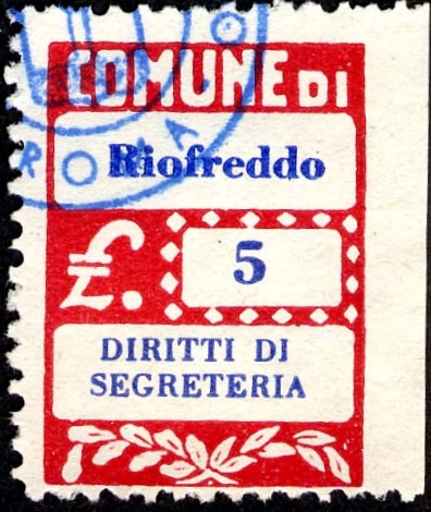 Marca da Bollo del Comune di RIOFREDDO su Carta Bianca di dimensioni 20 x 27,5 mm