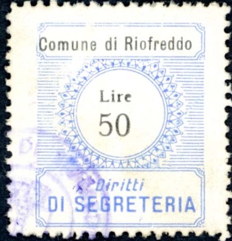 Marca da Bollo del Comune di RIOFREDDO su Carta Bianca di dimensioni 23 x 28 mm
