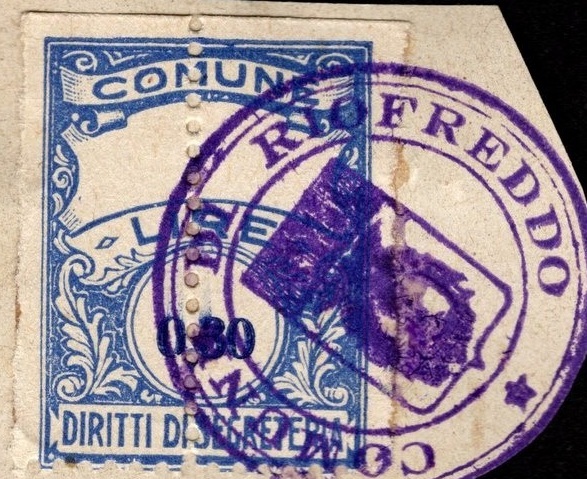 Marca da Bollo del Comune di RIOFREDDO su Carta Bianca di dimensioni 22 x 29 mm