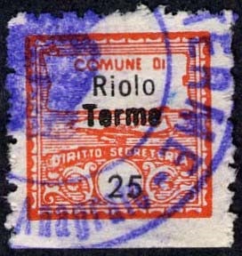 Marca da Bollo del Comune di RIOLO TERME su Carta Bianca di dimensioni 14,5 x 14,5 mm