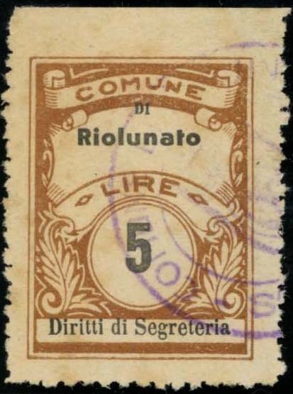 Marca da Bollo del Comune di RIOLUNATO su Carta Bianca Sottile di dimensioni 22,5 x 29 mm