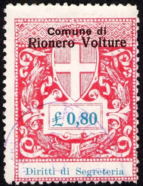Marca da Bollo del Comune di RIONERO IN VULTURE su Carta Bianca di dimensioni 22 x 28,5 mm